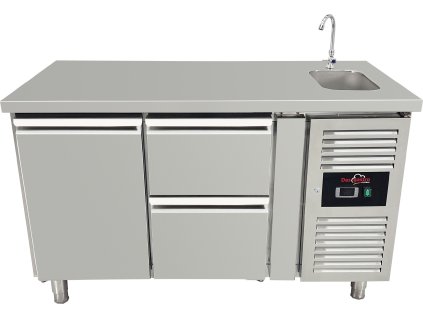Freezer table with sink with 1 door and 2 drawers on the right