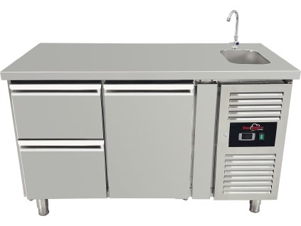 Freezer table with sink with 1 door and 2 drawers on the left