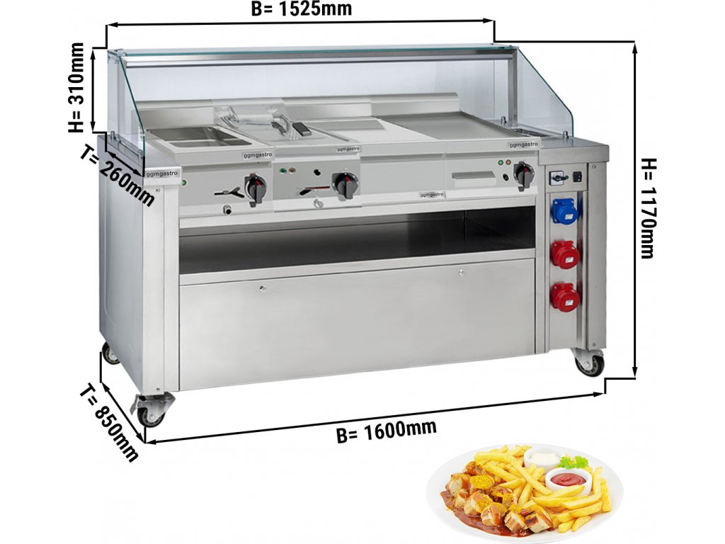 Mobile cooking station 1600x850mm height 1170mm incl. deep fryer griddle bain marie neutral element Das Gastro