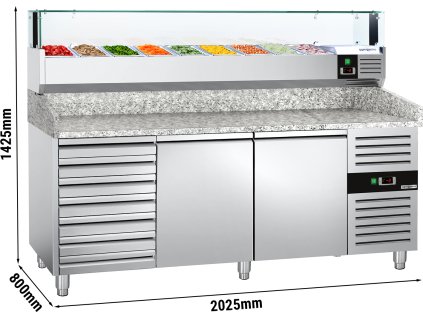 Chladicí pizza stůl PREMIUM - 2,0 x 0,8 m - se 2 dveřmi & 7 neutrálními šuplíky