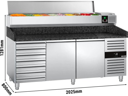 Chladicí stůl na pizzu PREMIUM - 2,0 x 0,8 m - se 2 dveřmi & 7 neutrálními šuplíky