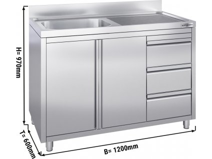 Nerezová skříňka s dřezem a se 3 zásuvkami - 1,2 m - 1 dřez vlevo - D 50 x Š 40 cm