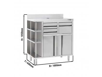 Pracovní skříňka - pro kávovar - 1000x600mm - s odklepávačem, 2 zásuvkami, 2 dveřmi a obkladovým panelem