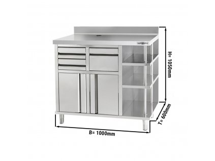 Pracovní skříňka - pro kávovar - 1000x600mm - s odklepávačem, 2 zásuvkami, 2 dveřmi a obkladovým panelem