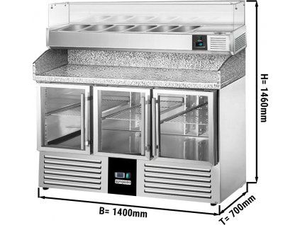 Pizza chladicí stůl PREMIUM - 1,4 x 0,7 m - se 3 skleněnými dveřmi