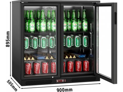 Barový chladicí stůl - 0,9 m - 220L- se 2 skleněnými dveřmi & 2 policemi - exteriér & interiér černý