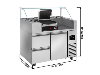 Přípravný stůl - 1,21 x 0,7 m - s 1 dveřmi & 2 šuplíky 1/2 - vč. digitálního kontakního grilu