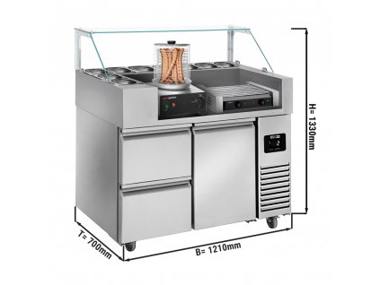 Přípravný stůl - 1,21 x 0,7 m - s 1 dveřmi & 2 šuplíky 1/2 - vč. hot dog grilu & hotdogovače