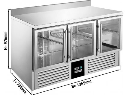 Chladící stůl - saladeta / Pizza PREMIUM - 1,37 x 0,7 m - se 3 skleněnými dvířky a zadním lemem