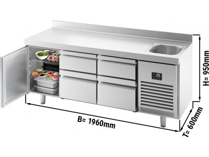 Kühltisch Premium PLUS - 1960x600mm - 1 Becken, 1 Tür, 4 Schubladen & Aufkantung