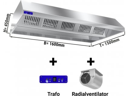 Stropní digestoř 1,6 m - s motorem, filtrem a světlem- hloubka 1500 mm