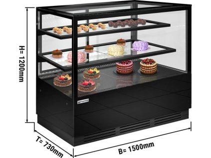 Cukrárenský pult - 1,5 m - 2 police - zrcadlová přední strana - hranatý (LED)