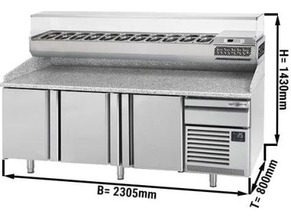 Pizza preparation table Premium PLUS- 2305x800mm - with 3 doors - incl. refrigerated display case - 11x GN 1/4