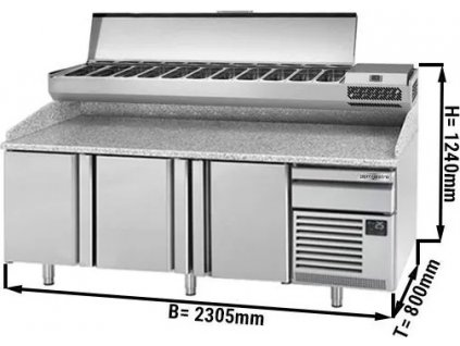 Pizza preparation table Premium PLUS- 2305x800mm - with 3 doors - incl. refrigerated display case - 11x GN 1/4