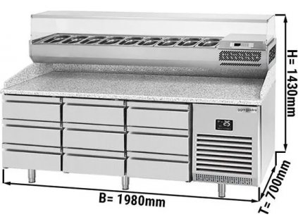 Pizza preparation table Premium PLUS - 1980x700mm - with 9 drawers - incl. refrigerated display case - 9x GN 1/4