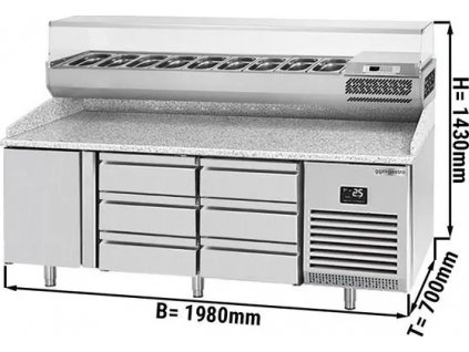 Stół chłodniczy do pizzy PREMIUM PLUS - 1980x700mm - z 1 drzwiami i 6 szufladami - włącznie z witryną chłodniczą nadstawną - 9x GN 1/4