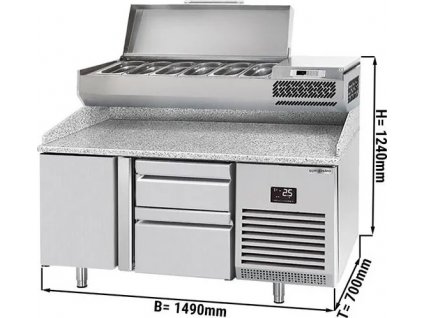 Pizza chladící stůl (GN) s 1 dveřmi, 2 šuplíky 1x 2/3 a 1x 1/3 (GN 1/1) a chladící vitrína pro 6x GN 1/4 nádob