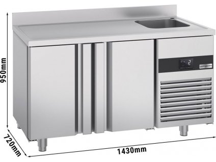 Chladicí stůl PREMIUM - 1430x700 mm - se 2 dvířky, 1 dřezem vpravo & obkladovým panelem