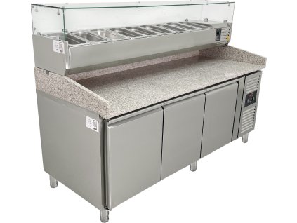 Stół chłodniczy do pizzy - 2015 x 800 mm - z 3 drzwiami i tacką sałatkową 9 x GN 1/3
