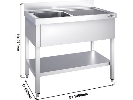 Mycí stůl PREMIUM z nerezové oceli - se spodní policí - 1,4 m - 1 dřez vlevo - D 50 x Š 40 x H 25 cm