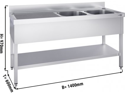 Nerezový dřez PREMIUM - se spodní policí - 1,4 m - 2 umyvadla vpravo