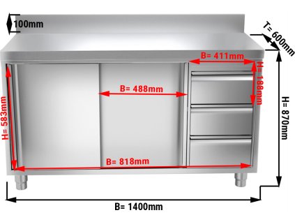 Pracovní skříňka PREMIUM z nerezové oceli - 1,4 m - se 3 šuplíky vpravo & obkladovým panelem