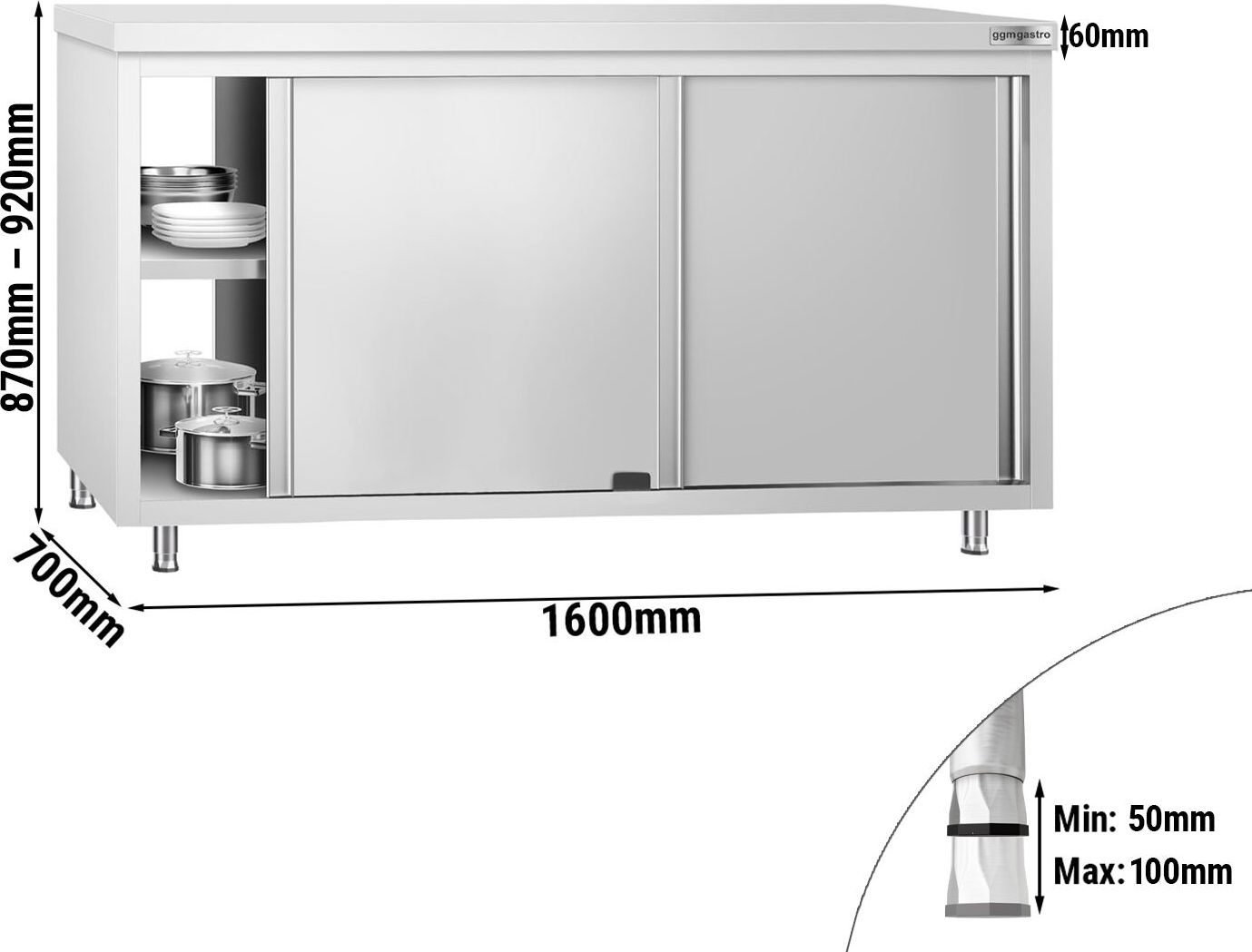 Nerezová pracovní skříňka PREMIUM - 1600x700 mm - průchozí