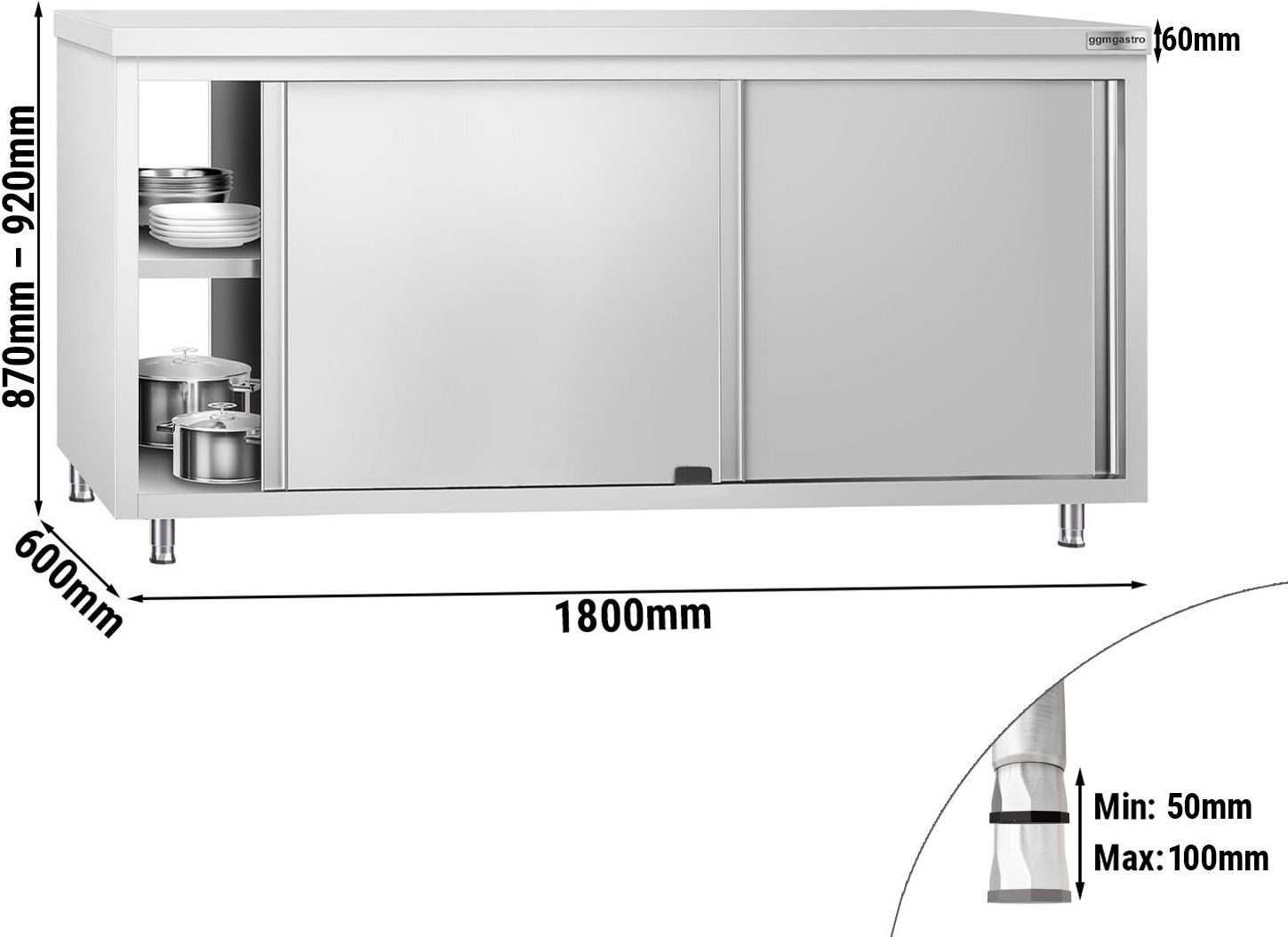 Nerezová pracovní skříňka PREMIUM - 1800x600 mm - průchozí