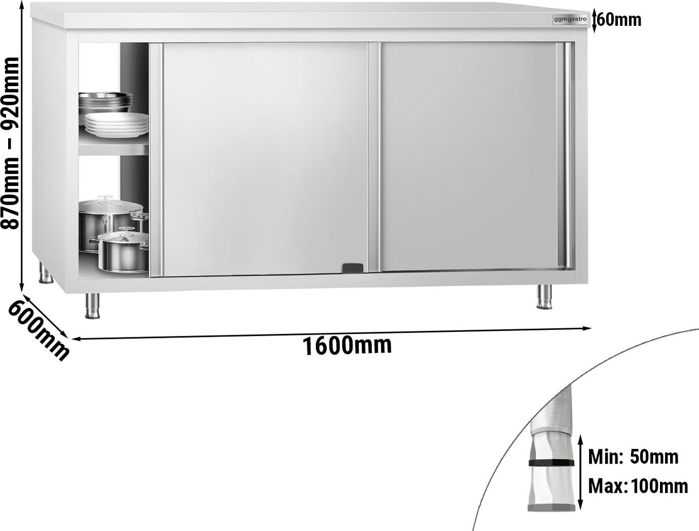Nerezová pracovní skříňka PREMIUM - 1600x600 mm - průchozí