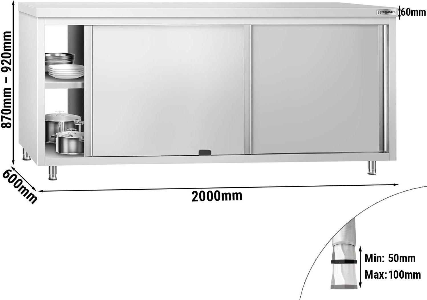 Nerezová pracovní skříňka PREMIUM - 2000x600 mm - průchozí - s průchodkou