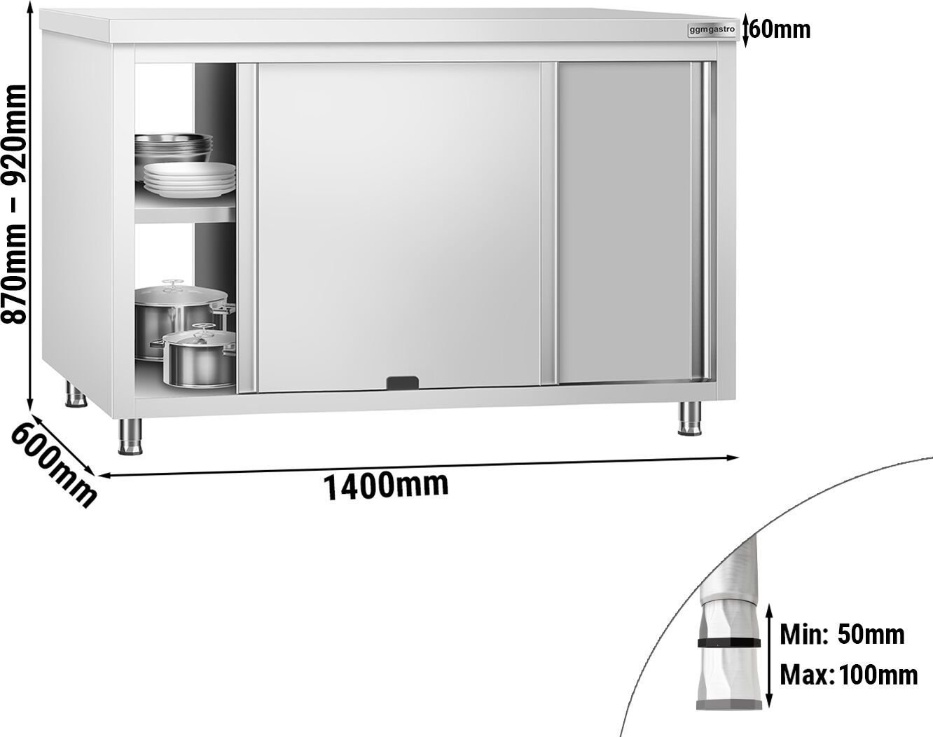 Nerezová pracovní skříňka PREMIUM - 1400 × 600 mm - s průchodkou