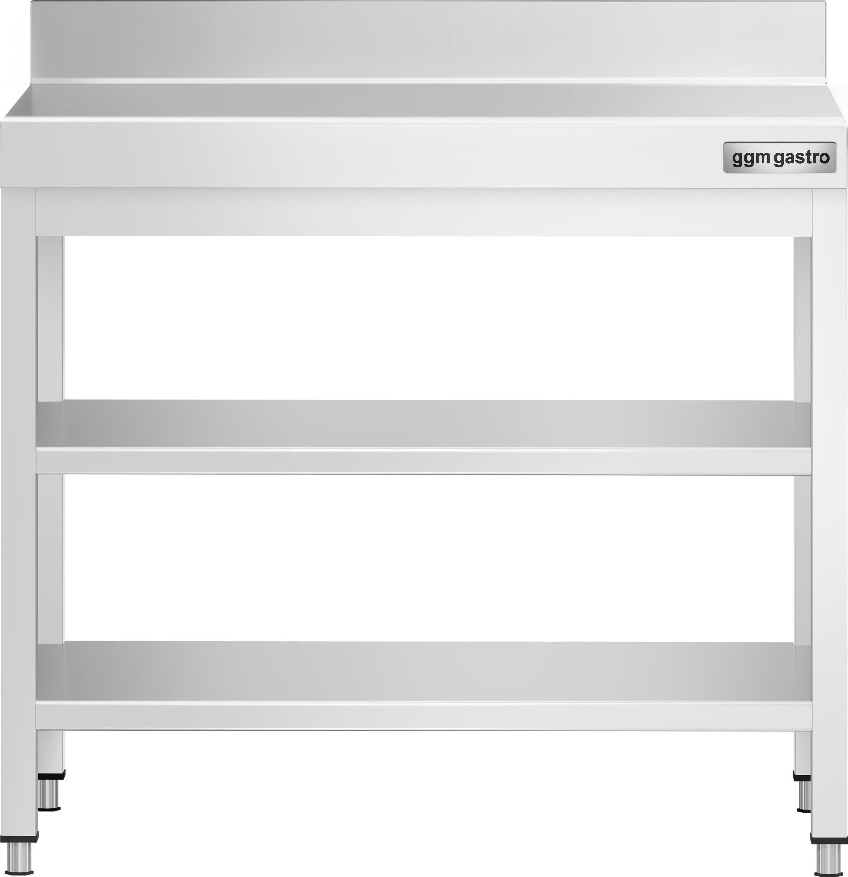 Nerezový pracovní stůl PREMIUM - 700x700 mm - se spodní policí, zadní lištou a střední policí