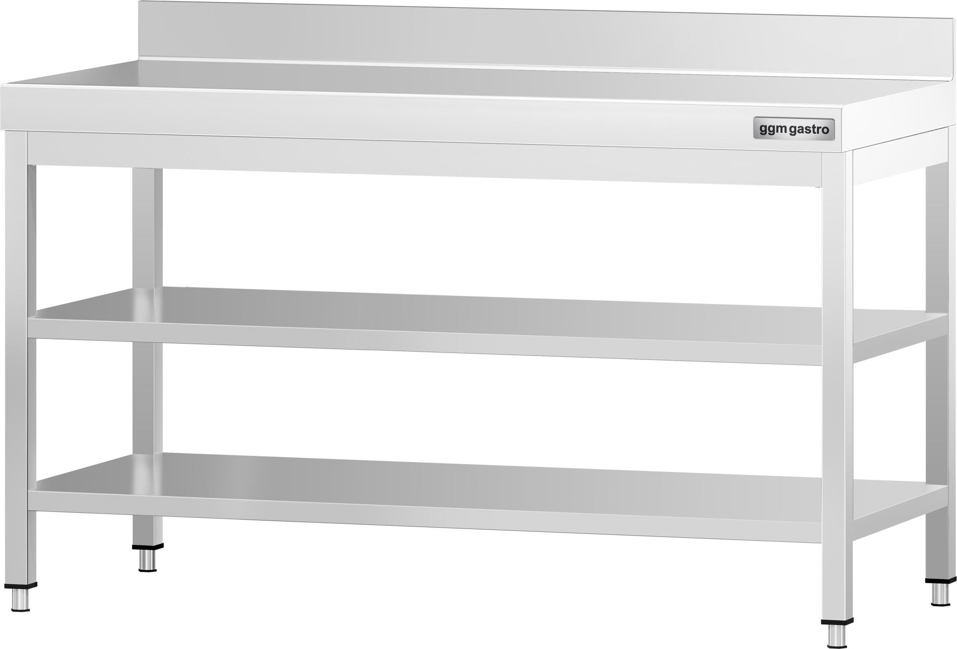 Nerezový pracovní stůl PREMIUM - 1500x600 mm - se spodní policí, zadní lištou a střední policí