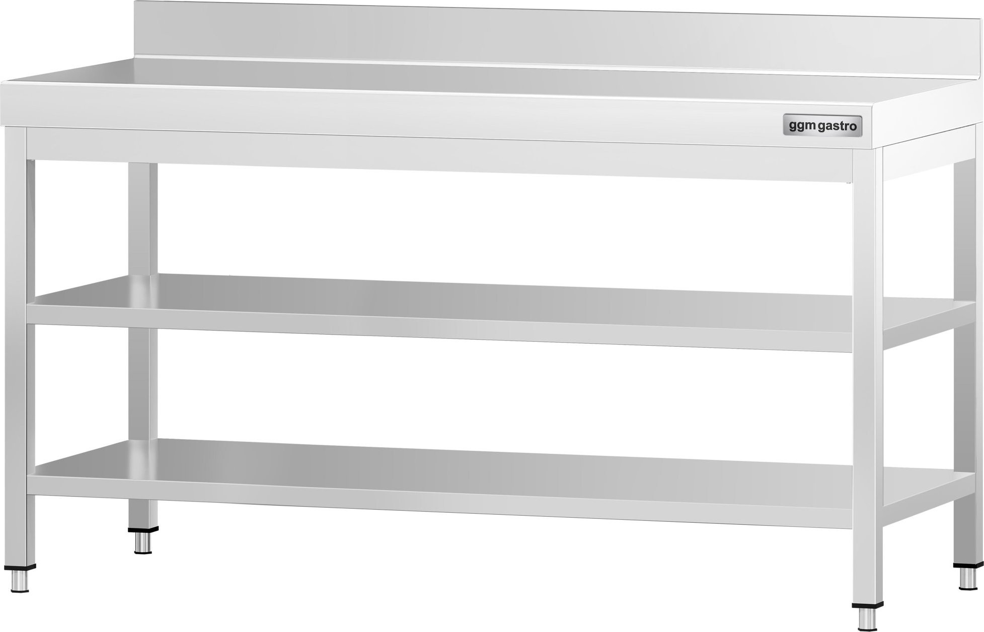 Nerezový pracovní stůl PREMIUM - 1800x600 mm - se spodní policí, zadní lištou a střední policí