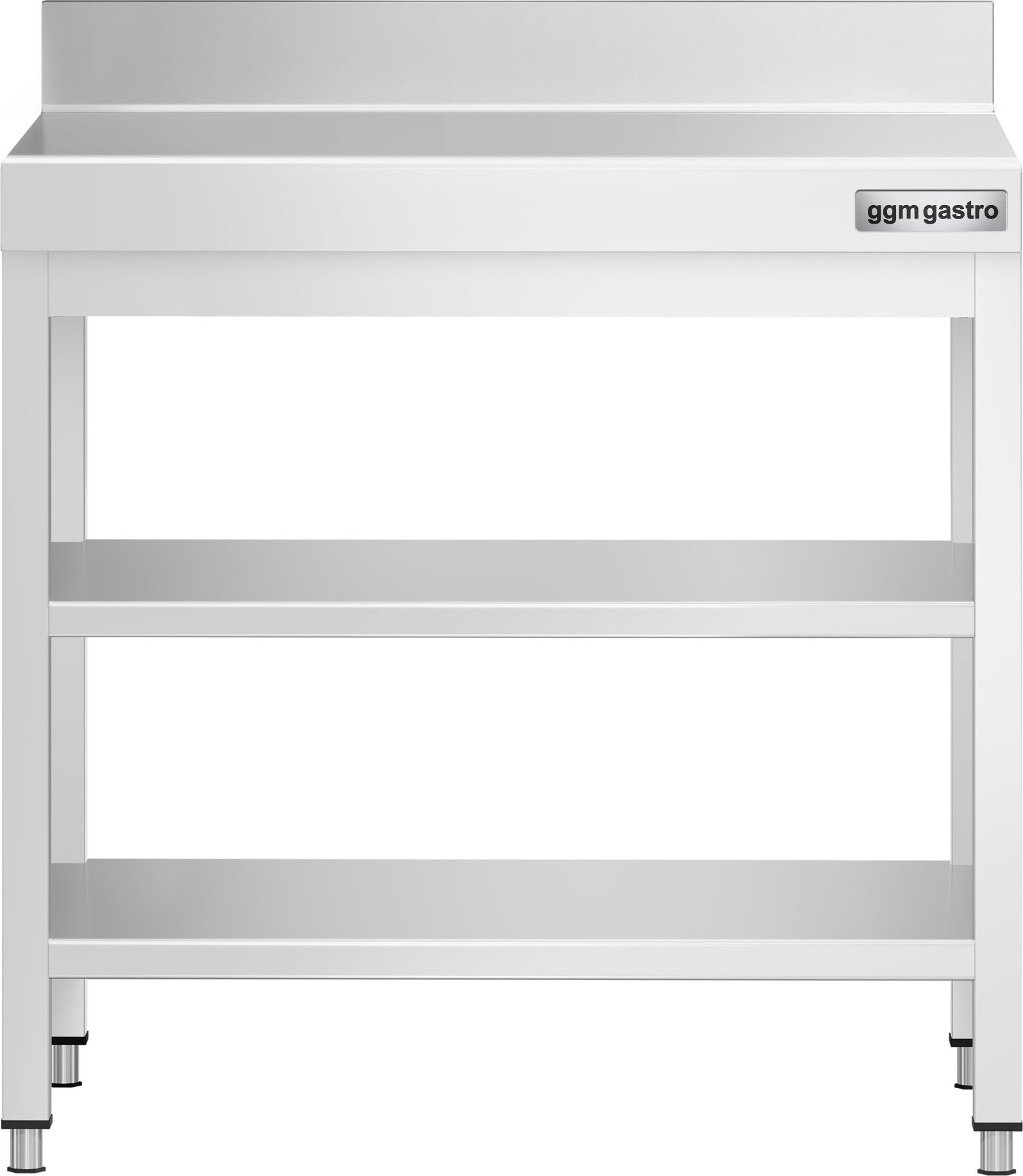 Nerezový pracovní stůl PREMIUM - 600x600 mm - se spodní policí, zadní lištou a střední policí