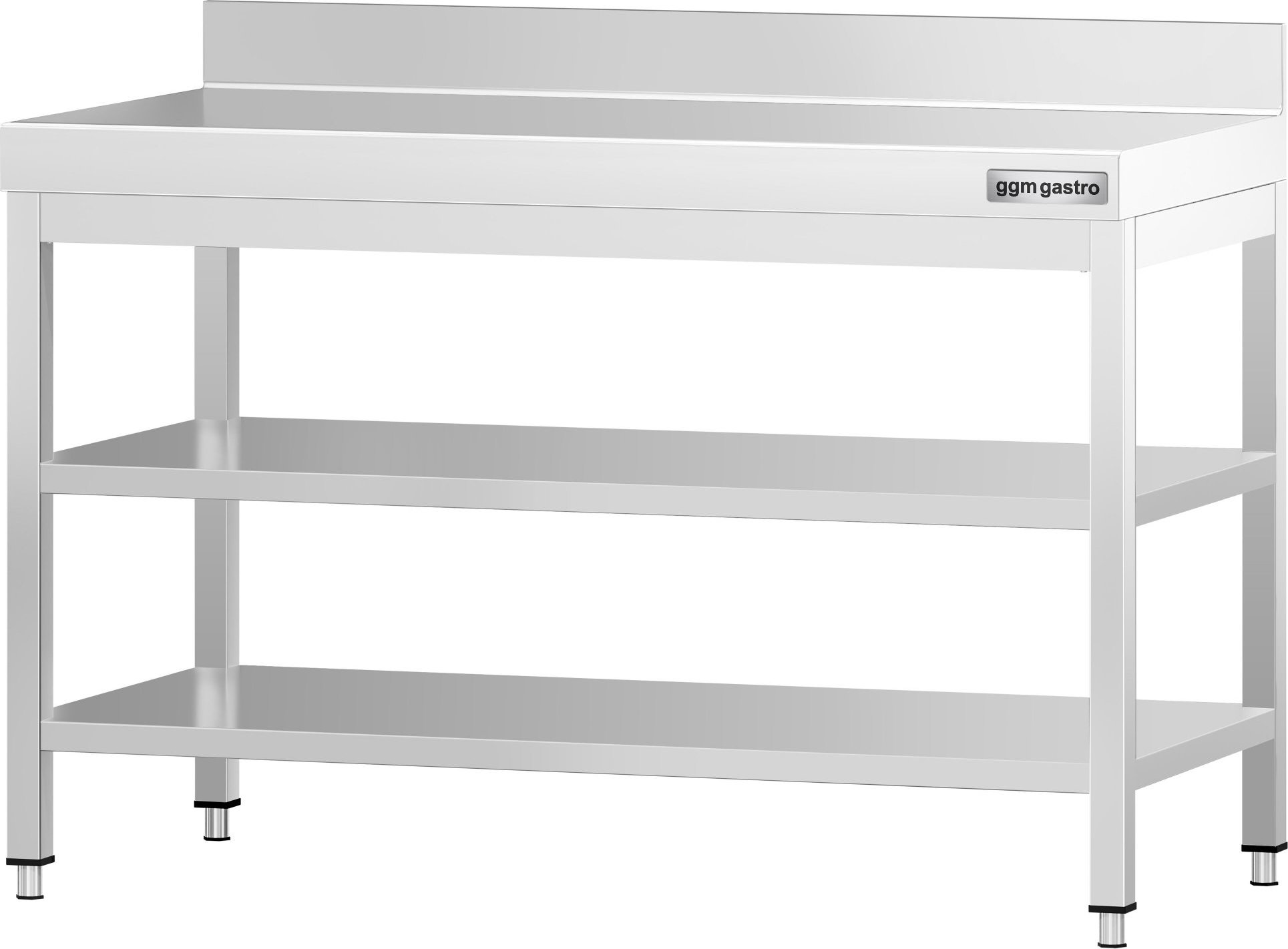 Nerezový pracovní stůl PREMIUM - 1200x600 mm - se spodní policí & se zadní lištou & s mezipolicí