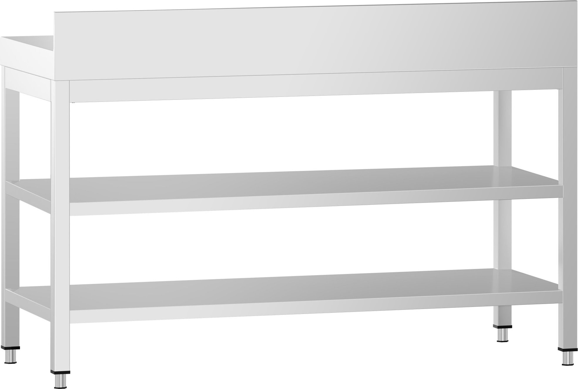 Nerezový pracovní stůl PREMIUM - 1400x800 mm - se spodní policí, zadní lištou a mezipolicí