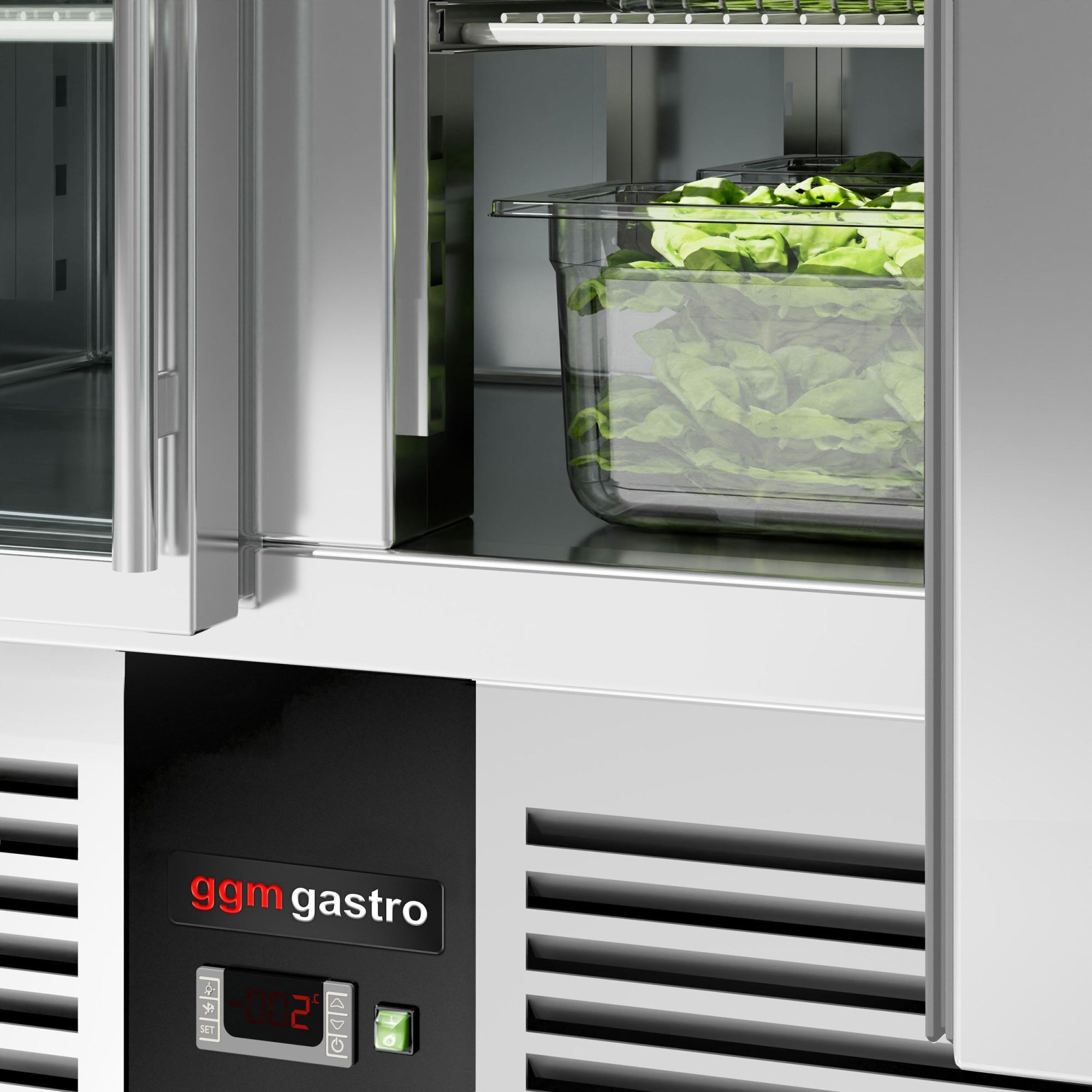 Chladicí stůl na pizzu PREMIUM - 1400x700 mm - se 3 skleněnými dveřmi - vč. nástavné vitríny - 6x GN 1/4