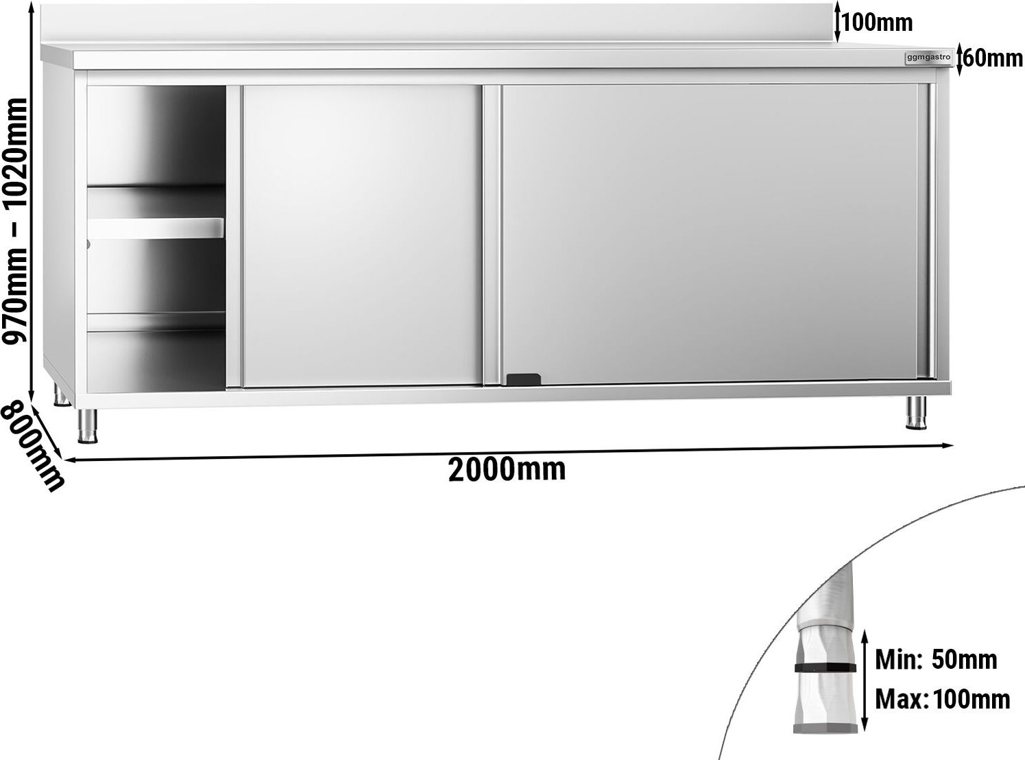 Nerezová pracovní skříňka PREMIUM - 2000x800 mm - s posuvnými dveřmi - se zadní lišou
