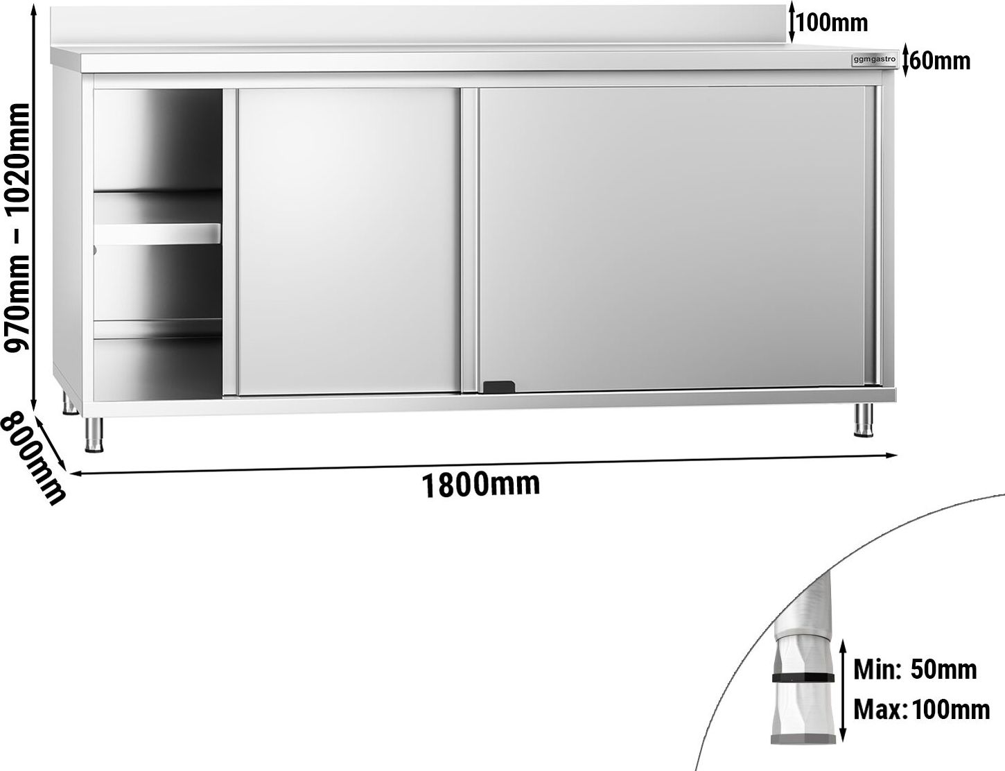 Nerezová pracovní skříňka PREMIUM - 1800x800 mm - s posuvnými dveřmi - se zadní lištou