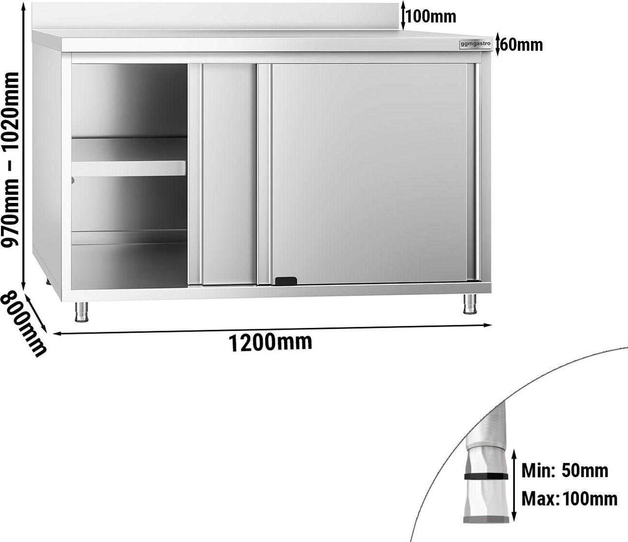 Nerezová pracovní skříňka PREMIUM - 1200x800 mm - s posuvnými dveřmi a zadní lištou