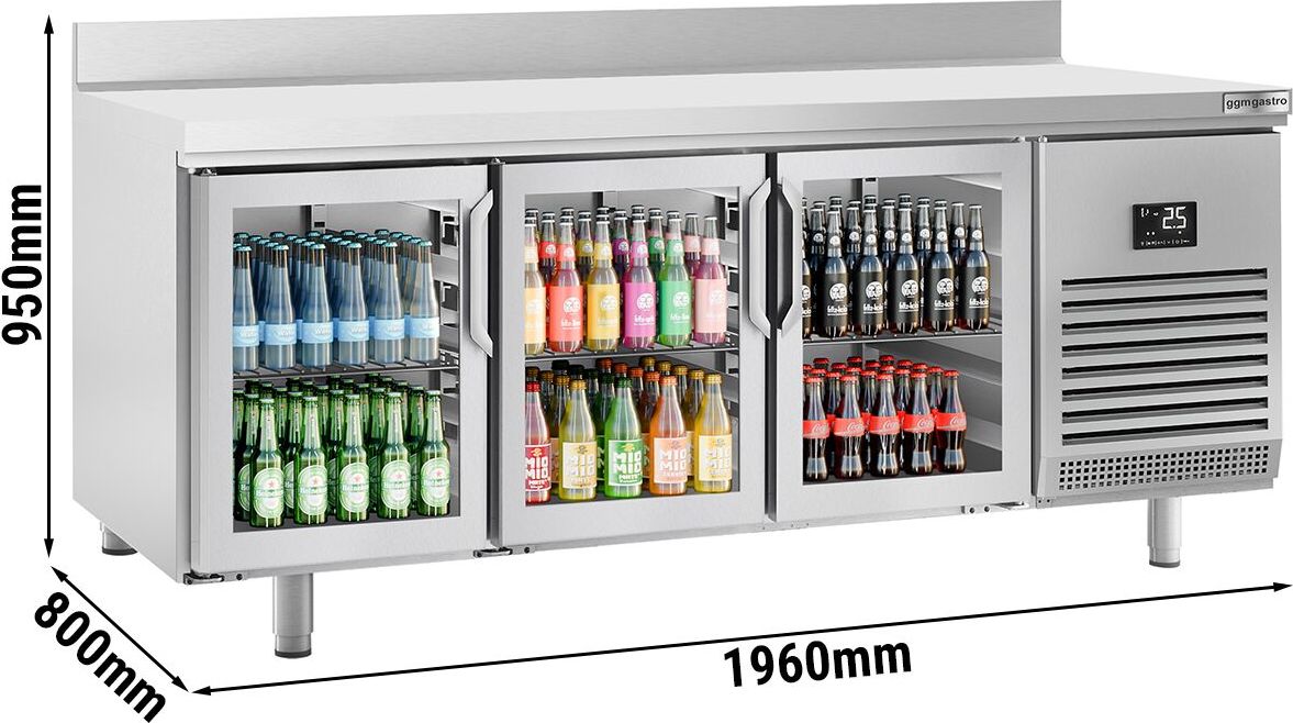Chladicí stůl PREMIUM PLUS - 1960x600 mm - se 3 skleněnými dveřmi - se zadní lištou