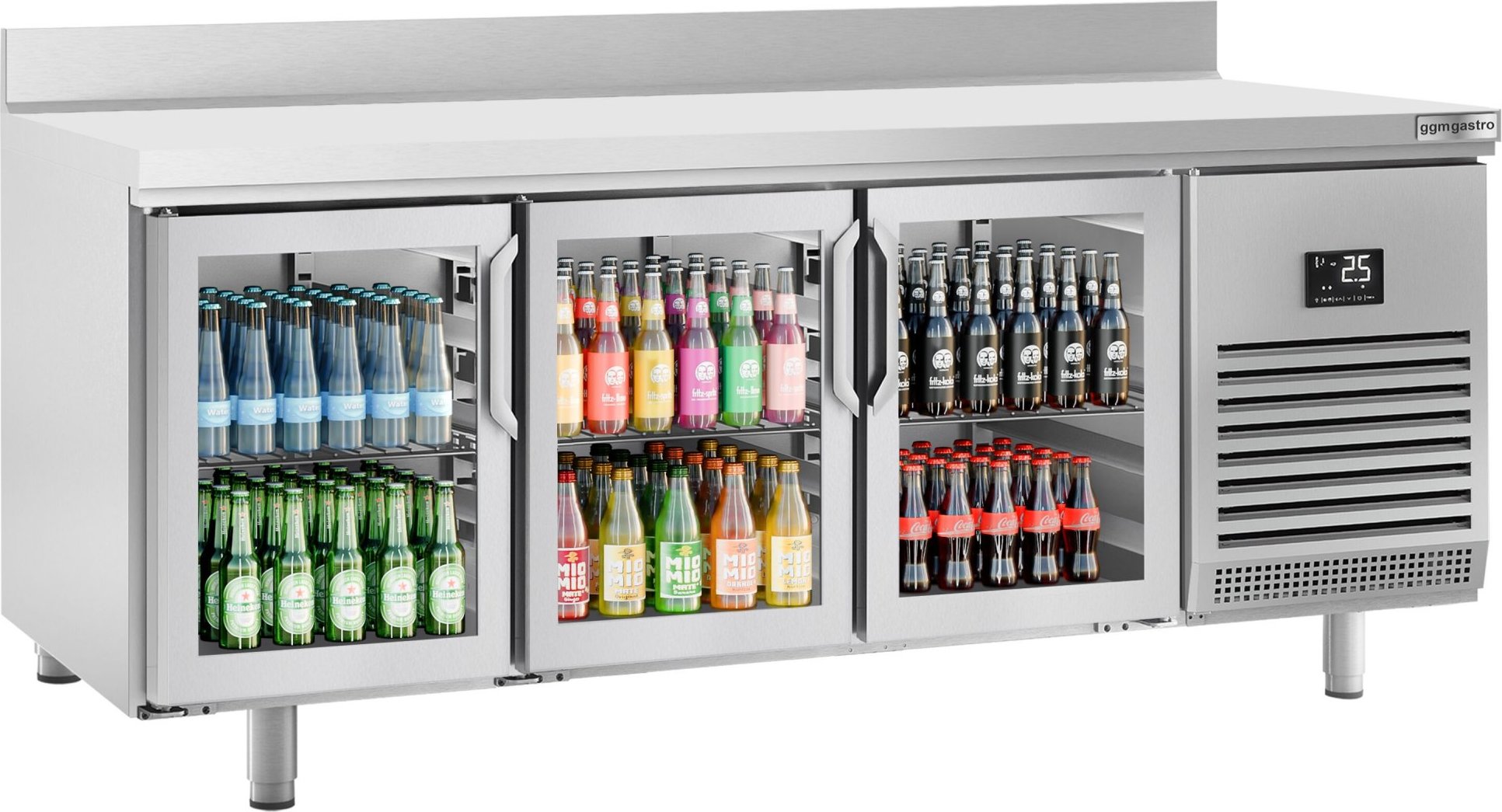 Chladicí stůl PREMIUM PLUS - 1960x600 mm - se 3 skleněnými dveřmi - se zadní lištou
