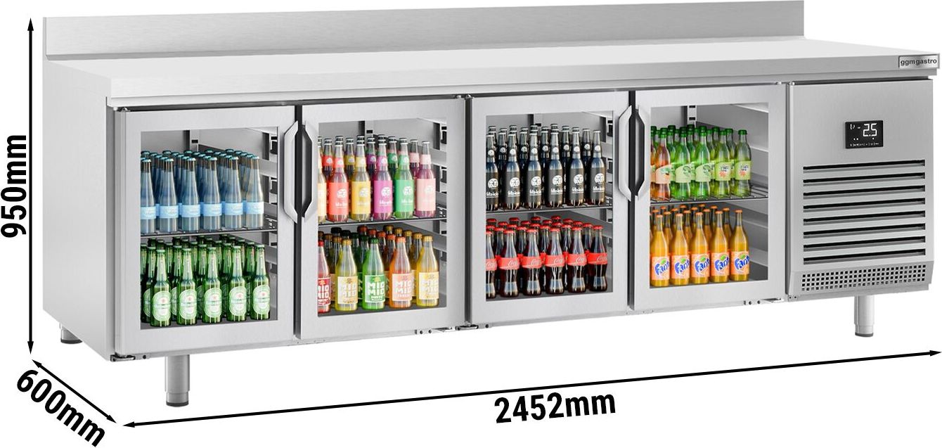 Chladicí stůl PREMIUM PLUS - 2452x600x mm - Se 4 skleněnými dveřmi - Zadní lišta