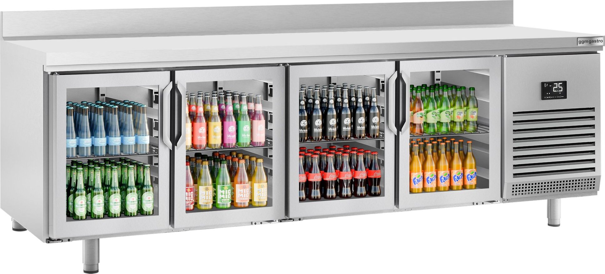 Chladicí stůl PREMIUM PLUS - 2452x600x mm - Se 4 skleněnými dveřmi - Zadní lišta