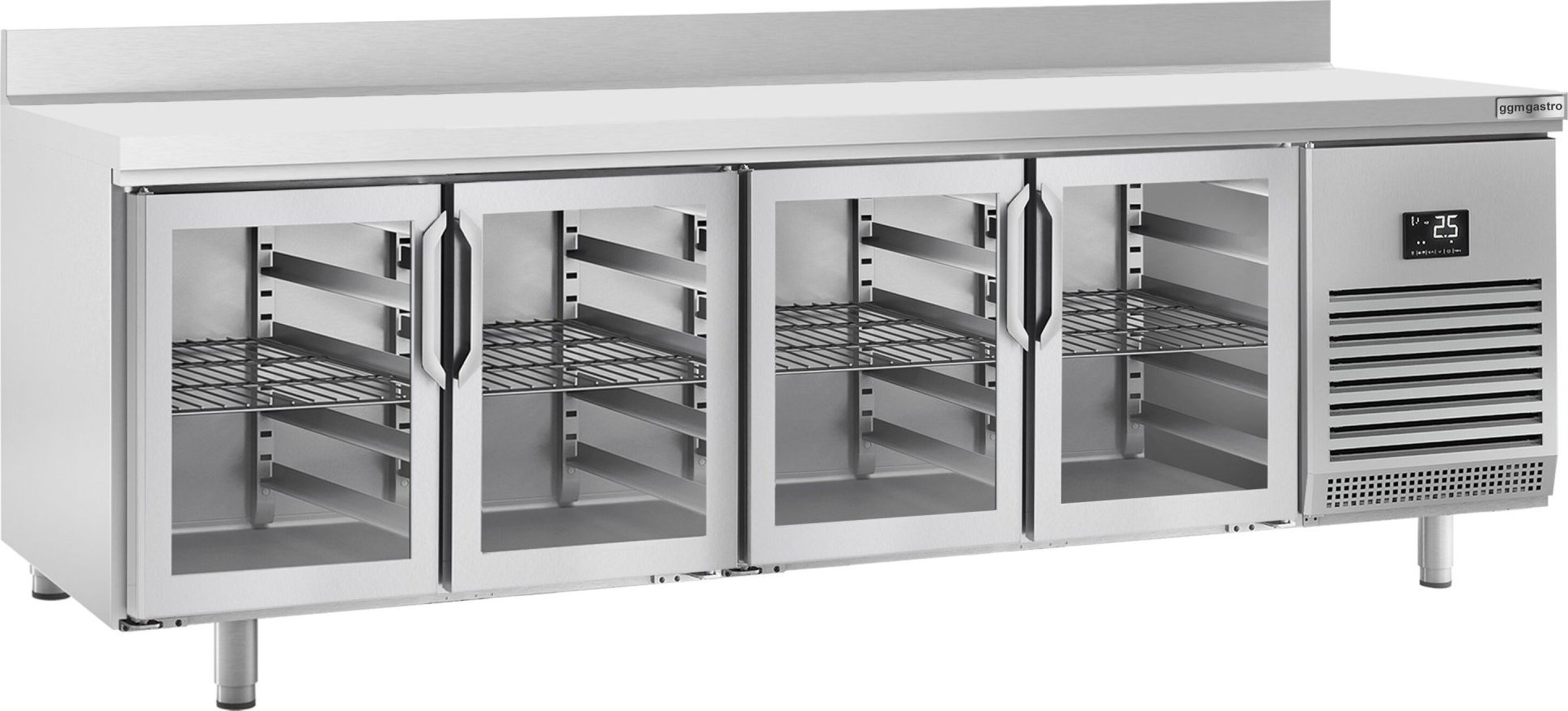 Chladicí stůl PREMIUM PLUS - 2452x600x mm - Se 4 skleněnými dveřmi - Zadní lišta