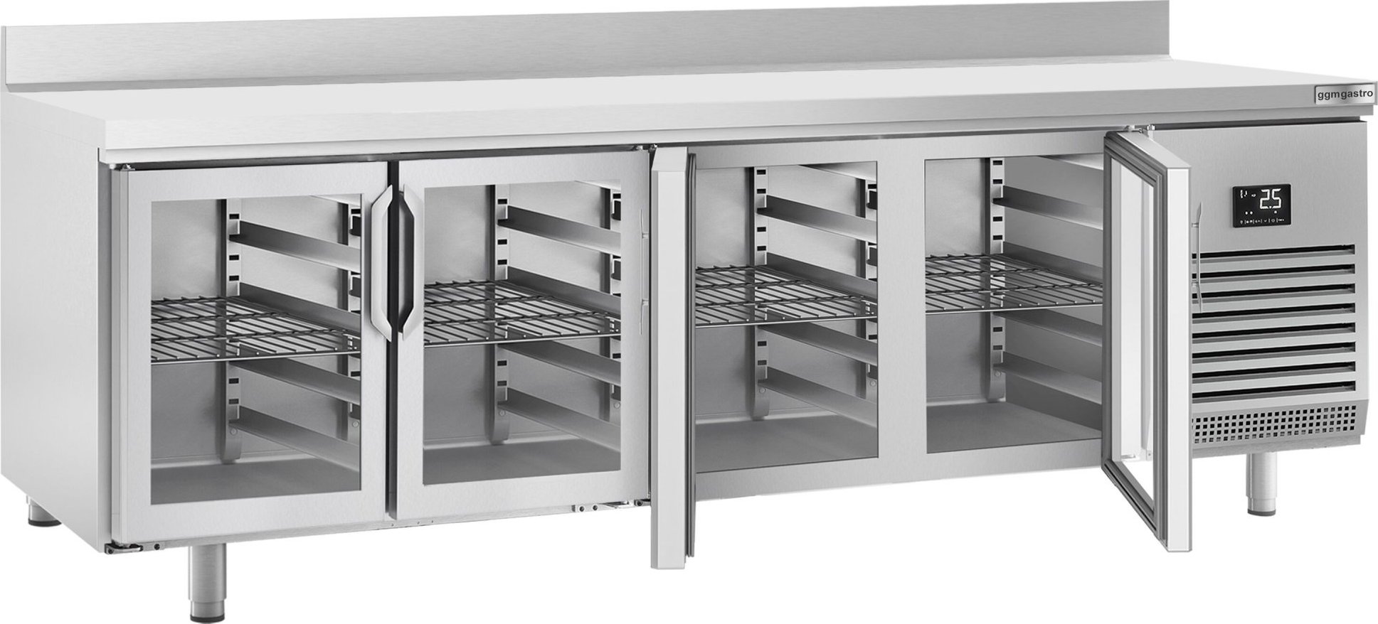 Chladicí stůl PREMIUM PLUS - 2452x600x mm - Se 4 skleněnými dveřmi - Zadní lišta