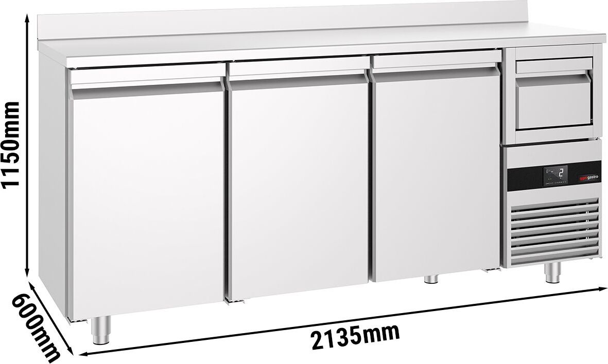 Barový chladicí stůl PREMIUM - 2135x600 mm - se 3 dveřmi, zadní lištou & odklepávačem na kávu