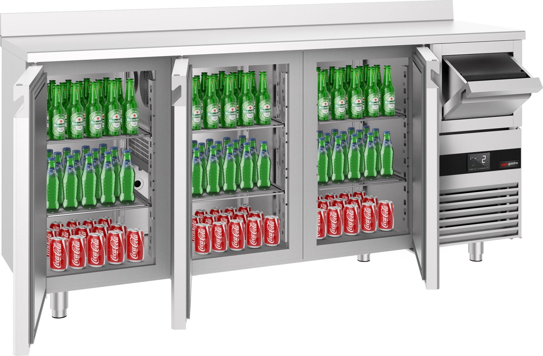 Barový chladicí stůl PREMIUM - 2135x600 mm - se 3 dveřmi, zadní lištou & odklepávačem na kávu