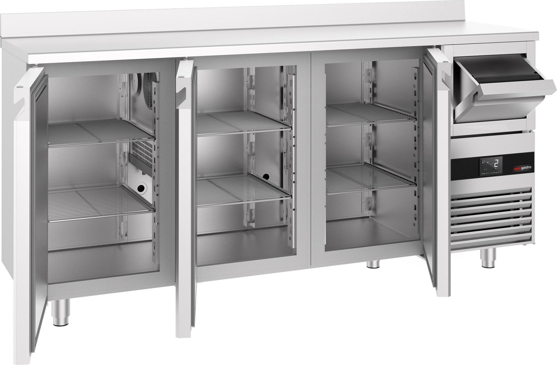 Barový chladicí stůl PREMIUM - 2135x600 mm - se 3 dveřmi, zadní lištou & odklepávačem na kávu